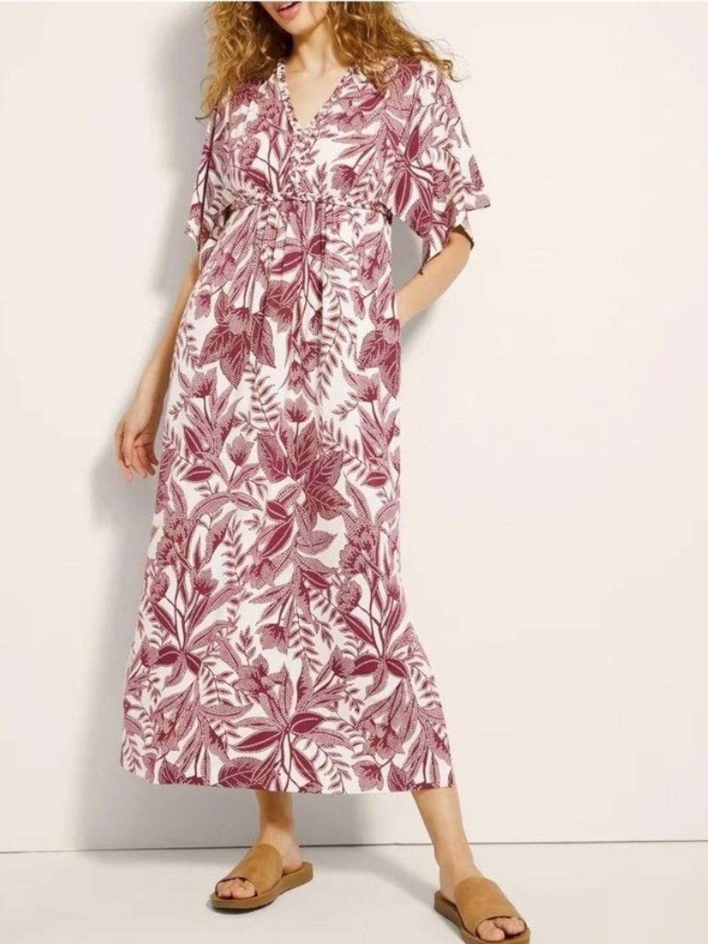Soma Intimates Soft Jersey Caftan Maxi Bra Dress Floral Tropical Burgundy Sz L